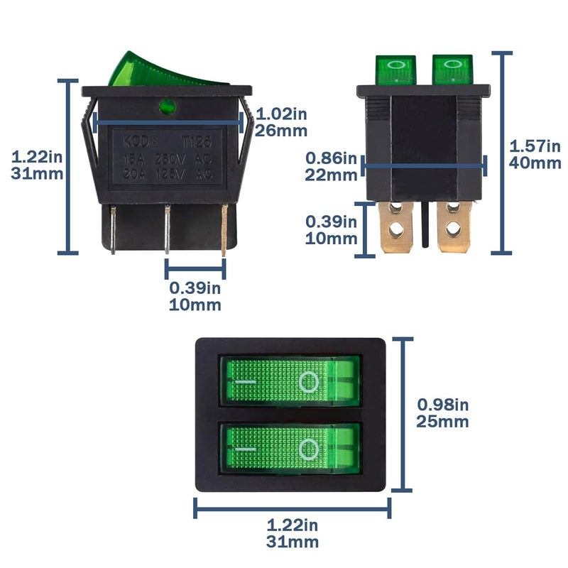 VEXUNGA 6pcs Mini Rocker Switch On Off Green Light Double Rocker Switch Boat 20A 125V AC 15A 250V 6 Pin 2 Position Lighted Illuminated SPST Snap Dual Switches for Car Marine - Image 2